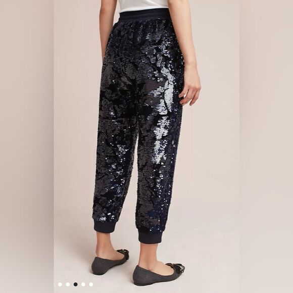 Anthropologie ett:twa Sequin Velvet Joggers Holiday Sparkle navy blue Medium M - Picture 2 of 16